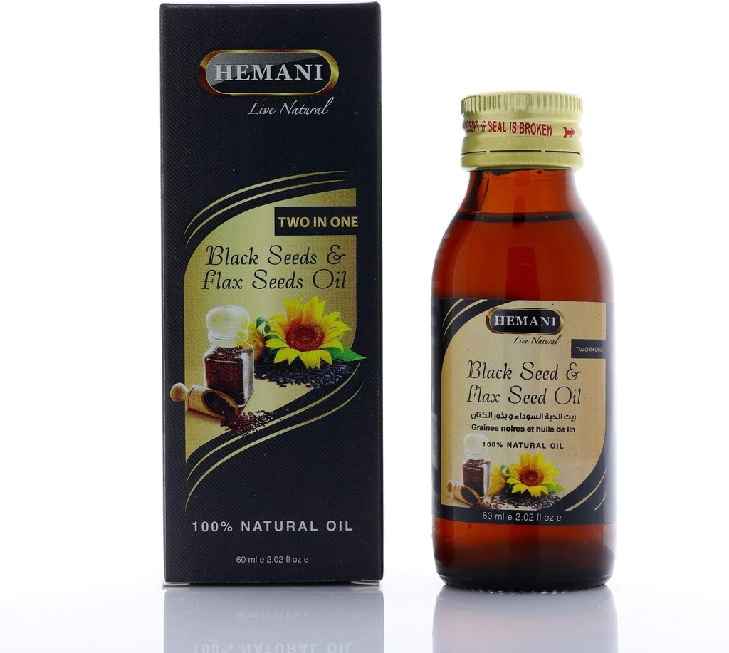 Hemani Cold- Pressed Black Seed and Flax Seed Oil Blend 60ml- Gluten- Free, Non-GMO, High in Omega 3, 6, & 9, Supports Joint, Mózg, and Heart Function
