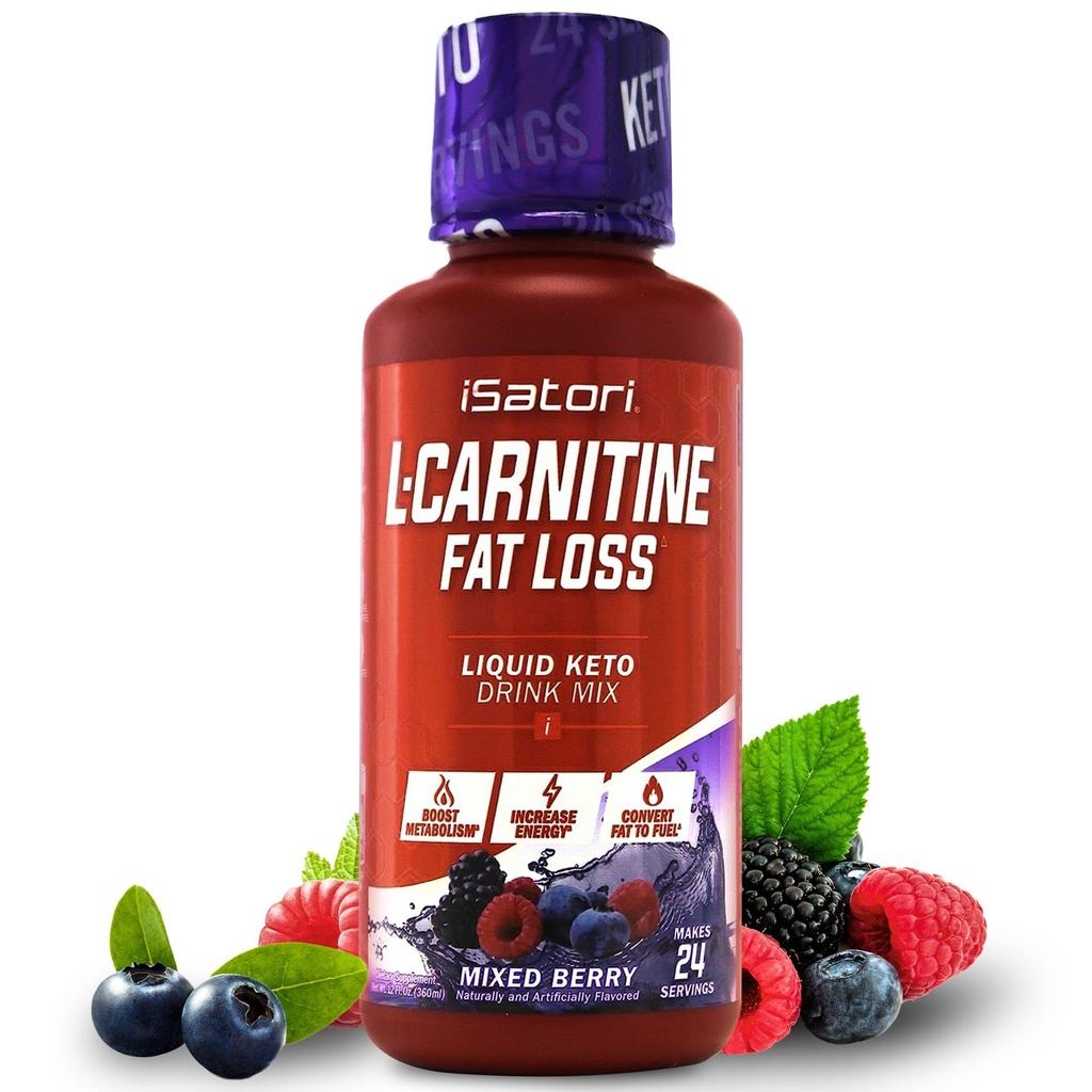 iSatori L- Carnitine 1500, Triple- Mix Liquid L Carnitine Supplement, z acetylem i winian, Stymulant Free Energy, niskokaloryczne, Cukier lub gluten, Keto- Friendly, Mieszany aromat Berry (24 Służenia)