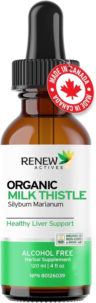 Renew Actives Milk Thistle Liquid Extract 110MG per 2ML - Liver Support Drops for Optimal Health - No Alcohol, Non-GMO, Vegan - Supports Liver Function & Digestive Health - Made in Canada - 4 fl oz