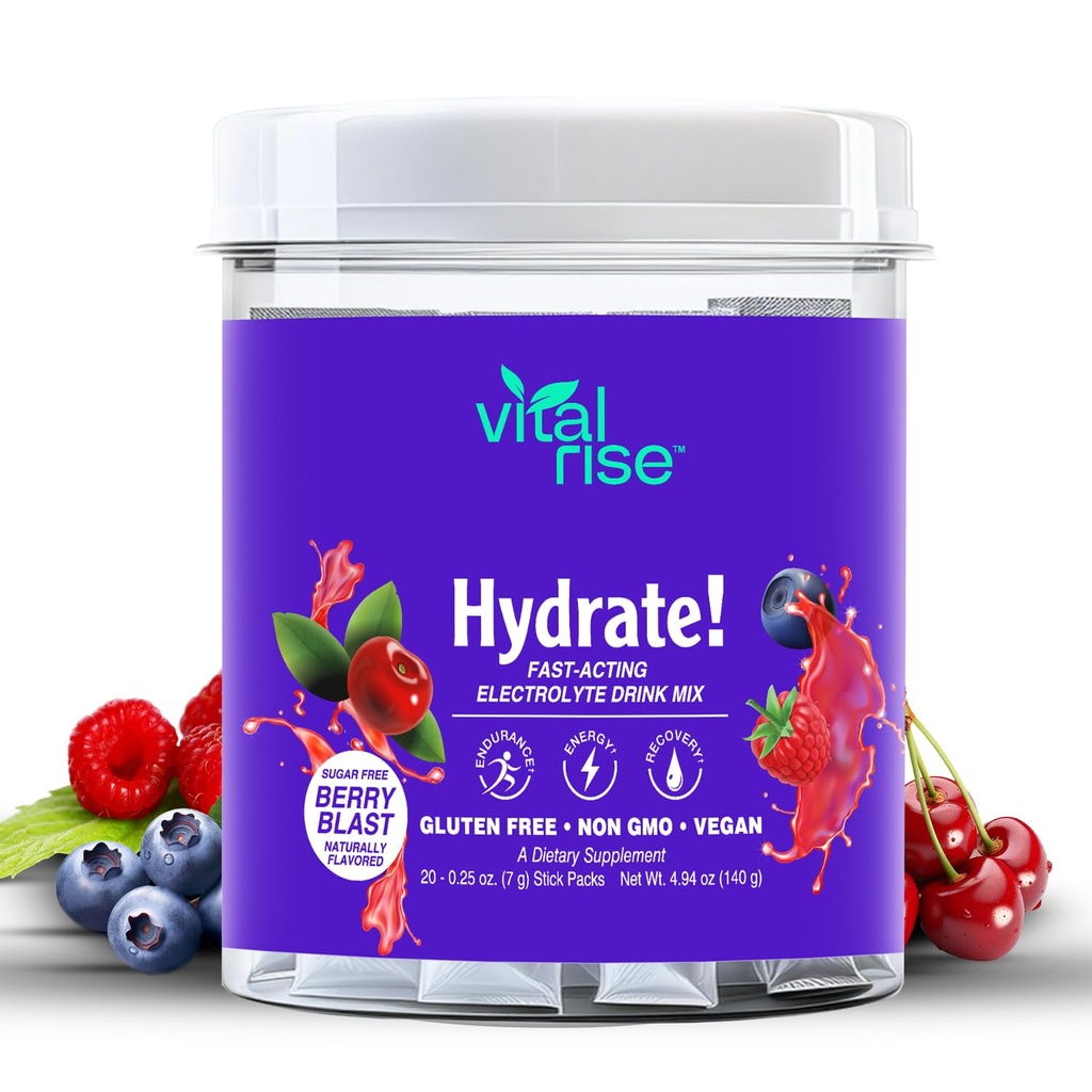 Vital Rise ® Hydrate! - Berry Blast - Pakiety proszku do nawadniania 124; Niski poziom elektrolitu sodu Drink Mix 124; Easy Open Single- Serving Stick 124; Non-GMO Yankets 124; 20 Słupki (Opakowanie 1)