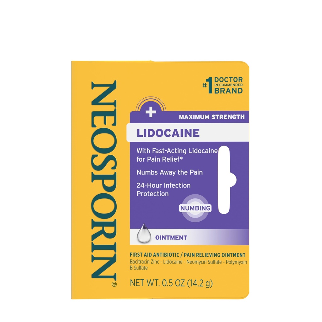 Neosporyna + Lidokaina Pierwsza Pomoc Antybiotyczna Ointment, Maksymalna moc i szybkie działania miejscowego uśmierzania bólu, 24- godzinna ochrona przed zakażeniem, która numbbs Away the Pain, Bacitracin Cynk, 0,5 oz