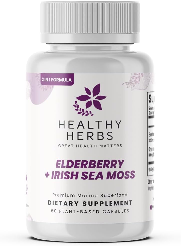 Zdrowe Herbs Wildcrafted Elderberry Sea Moss kapsułki 124; 2600mg Irish Sea Moss + Elderberry Essentials Mieszanka 124; US- Made, Vegan, Non-GMO, Easy- Swallow (60 kapsułki)