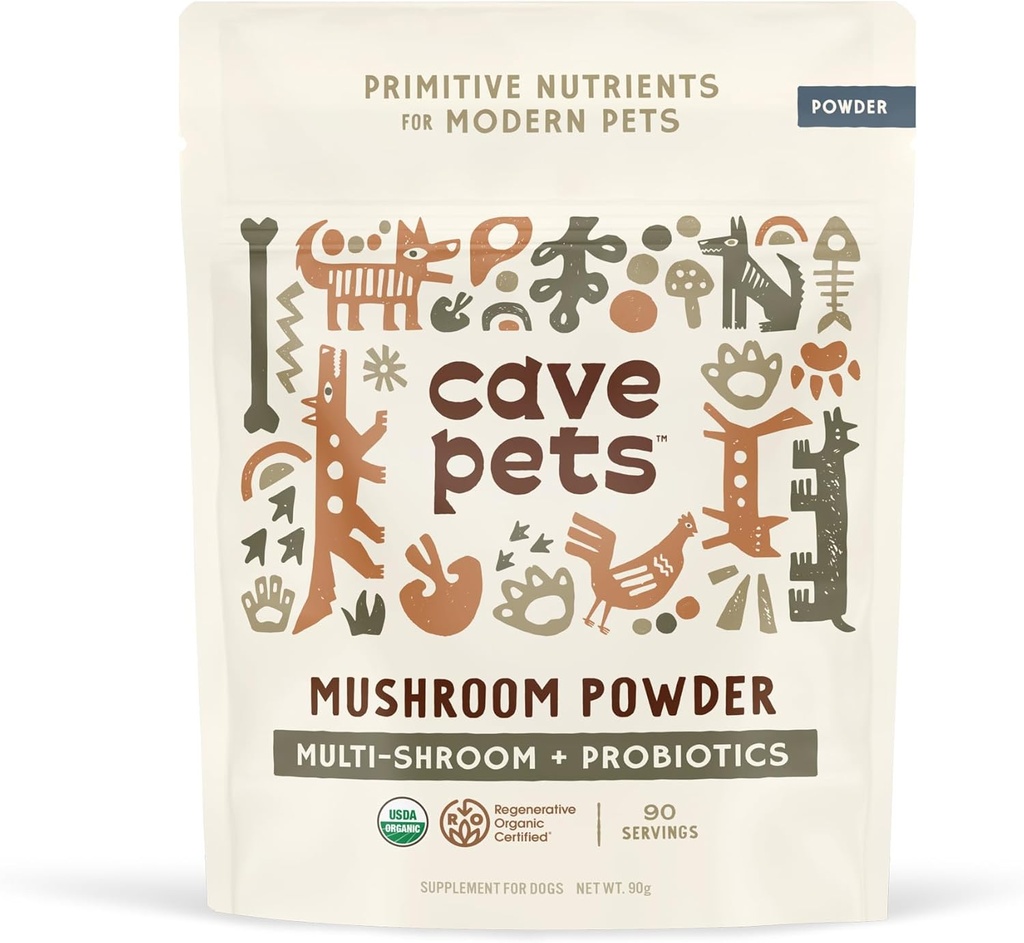 Jaskinia Zwierzęta domowe, Super Blend Powder, Dog Probiotic Supplement for Immunity and Digestive Health Support, Multi- Shroom & Probiotyki, 90 Służenia