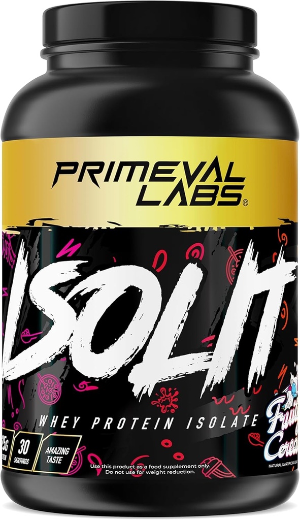 Primeval Labs ISOLIT - Proszek z białka serwatkowego, 100% Izolat serwatkowy, 25g białka, BCAA, Szybkie wchłanianie, Łatwa trawienie (Fruity Cereal, 2lb)