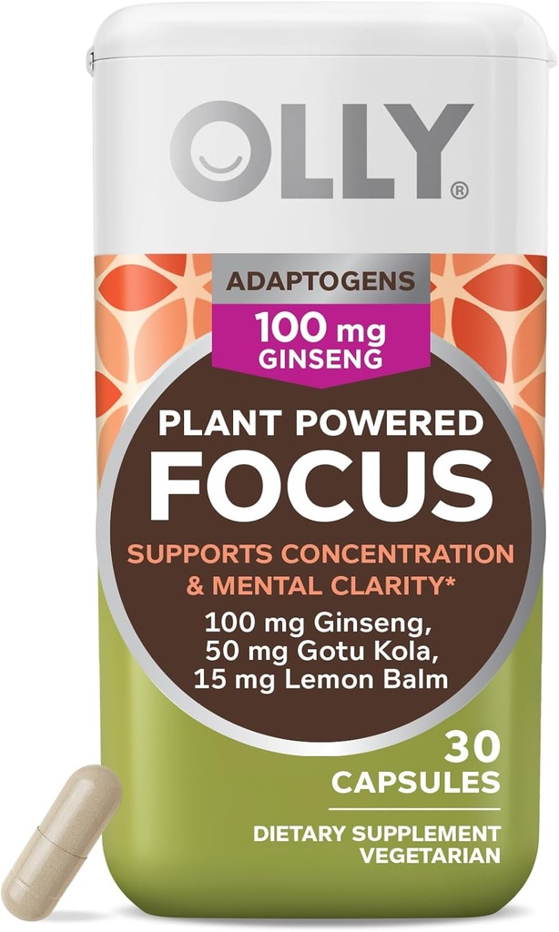 OLLY Focus Adaptogen, Ginseng, Gotu Kola, Suplement do wsparcia nastroju, Kapsułki wegetariańskie - 30ct