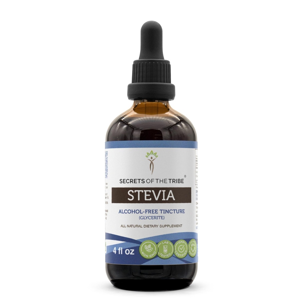 Sekrety nalewki bezalkoholowej Tribe Stevia (Glycerite) 653 mg Made with Stevia (Stevia Rebaudiana) Suszony Liść (4 Fl Oz) Suplement cukru do krwi