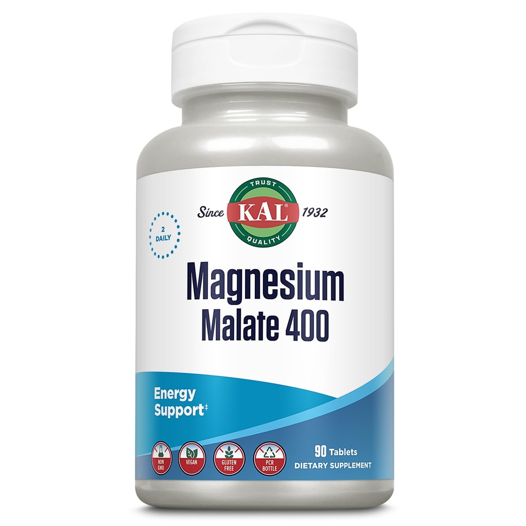 KAL Magnezu Malate 400mg, Chelated suplement magnezu z kwasem jabłkowym, Zdrowa energia i mięśnie Funkcje Wsparcie, Zwiększona absorpcja, Wegan, Non-GMO, 45 Służenie, 90 Veg Tabs