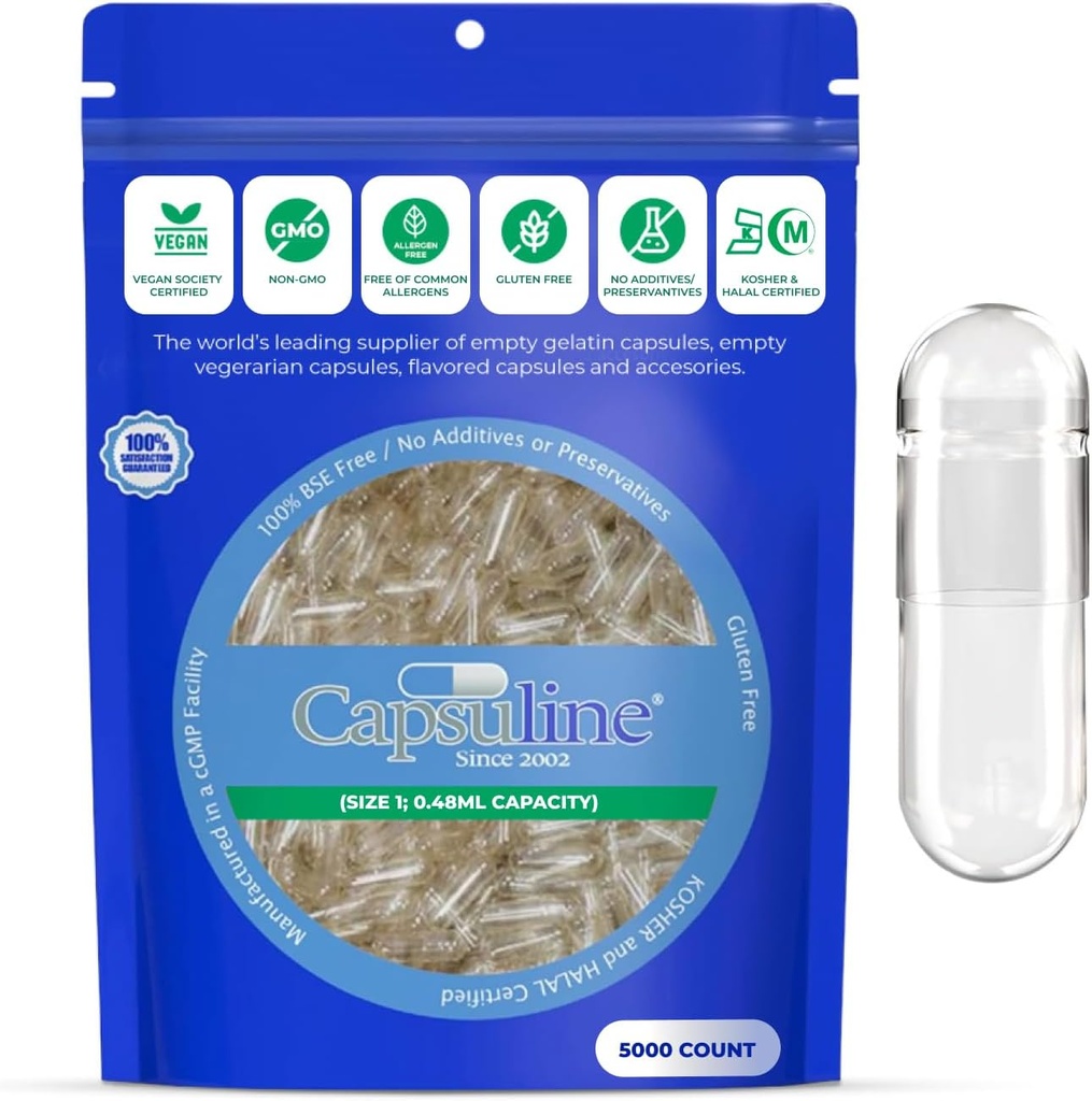 Capsuline Rozmiar 1 - Przezroczysty pusty Vegan kapsułki - 5000 Hrabia - Puste Veggie Pill kapsułki - DIY Vegetable Capsule Napełnianie - Puste Czapki - Kosher i Halal Certified - Nie- GMO Certified