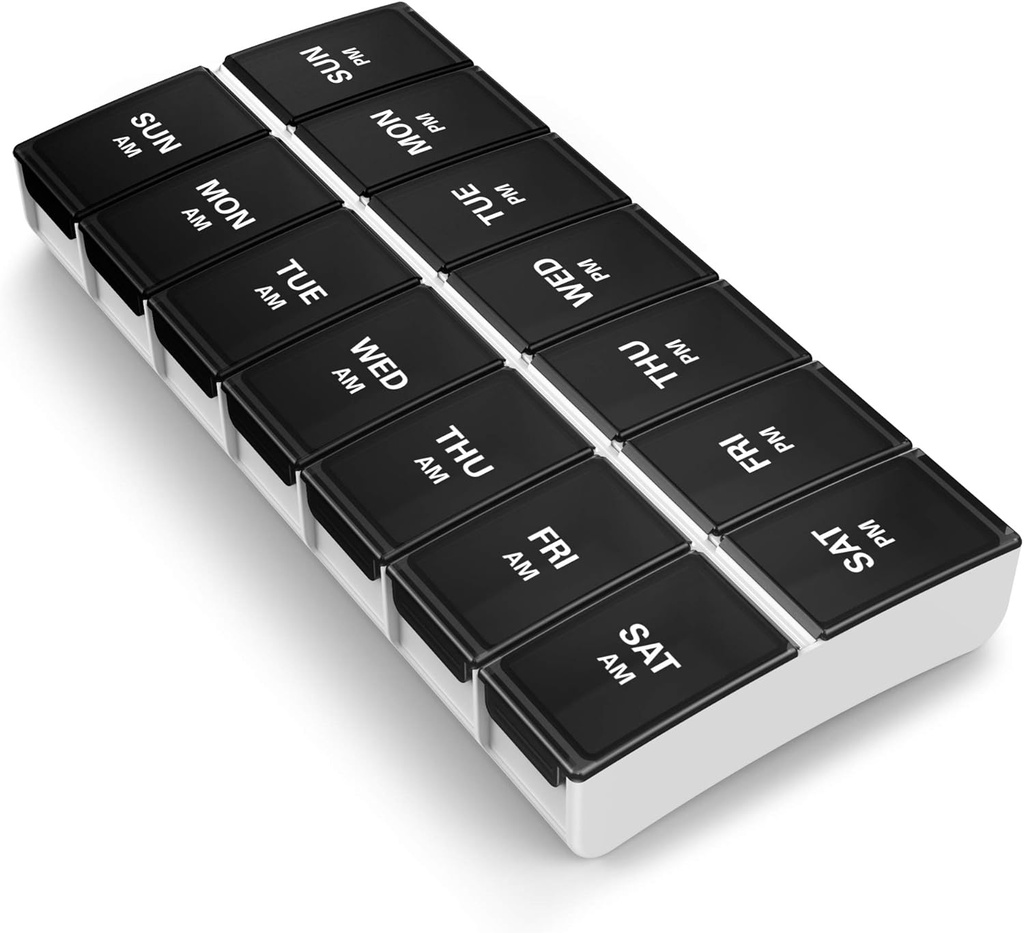 BUG HULL 7- Dzień AM / PM Pill Organizator - Portable Pill Box, Travel Case, czarny