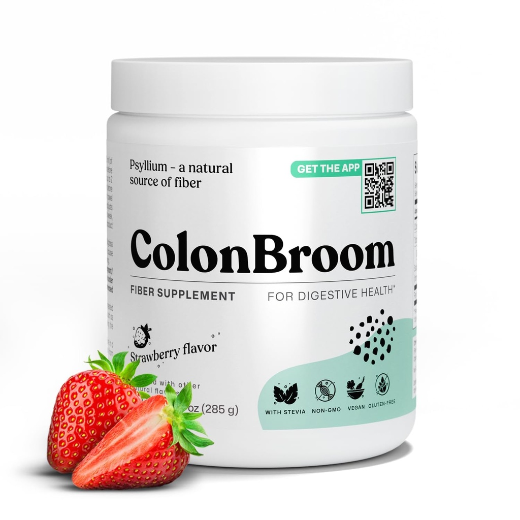 ColonBroom Pyllium Husk Powder (Truskawka) - Colon Cleanse for Bloating Relief & Gut Health - Colon Broom Fiber Powder Drink - Wegan, Gluten Free, Non-GMO Fiber Powder Supplement, 50 Servings