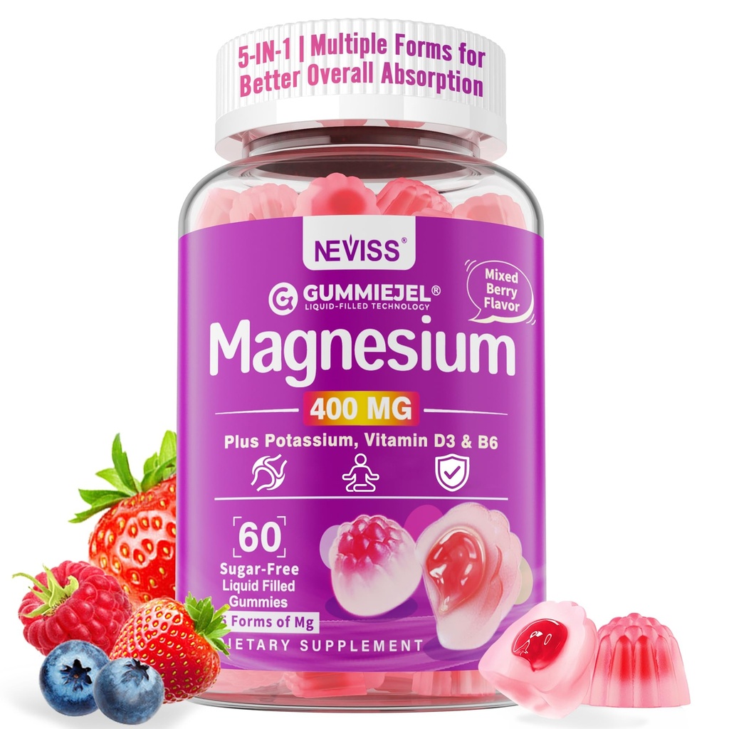 Gummie magnezowe 400mg dla kobiet i mężczyzn - 5- in-1 Kompleks magnezowy dla kobiet i mężczyzn: Glycinat mag, cytrat, jabłczan, chlorek i taurat dla kobiet 124; w / Ashwagandha, D3 & Zinc dla relaksu, nastroj, energia dla kobiet i mężczyzn 124; Bez cukru, Wegan, 60Cts