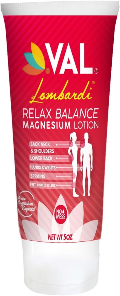 VAL Lombardi Relax Balance Magnezu Lotion 124; Arnica, Camphor & Menthol Relax 124; Szybka ulga dla połączeń, mięśni, pleców, ramion, stóp 124; Non-Greasy Relaks 124; 5oz