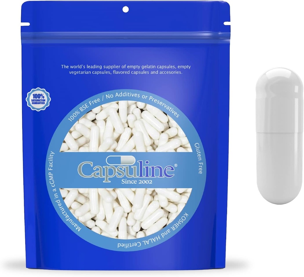 Capsuline Rozmiar 000 - Kolorowe białe puste kapsułki żelatynowe - 10000 Hrabia - Puste kapsułki żelowe - DIY Pure Bvine Pill kapsułki Napełnianie - Puste wieczka - Kosher i Halal Certified - Nie- GMO Certified