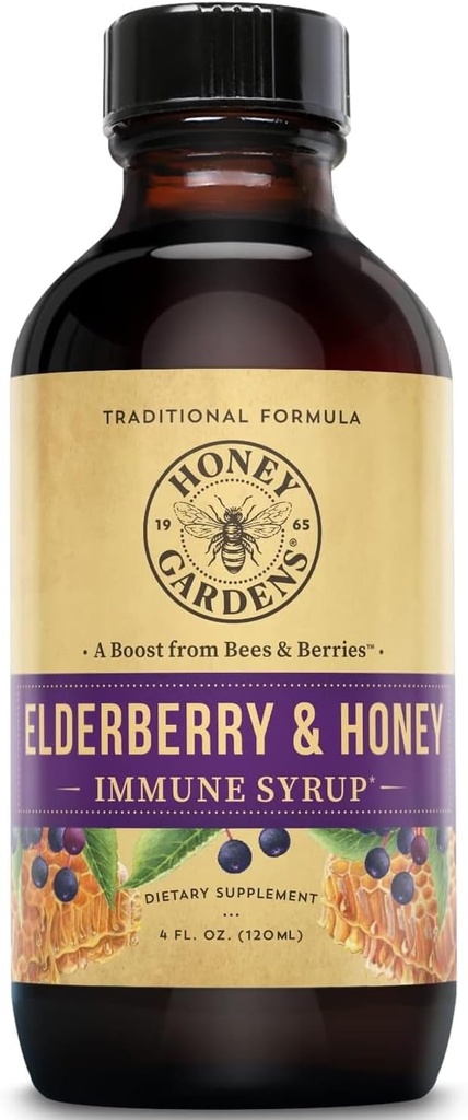 Honey Gardens Apiaries Elderberry Syrop - Apiterapia Surowy Miód - Propolis i Elderberries - Kaszel - 4 oz