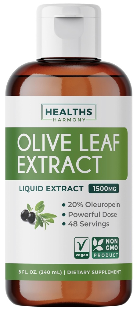 Ekstrakt Olive Leaf (Non-GMO) Super Siła: 20% Oleuropeina - 1500mg - Wegetarianin - Suplement wsparcia immunologicznego, Zdrowie skóry, i mocny suplement przeciwutleniaczy - Ekstrakt płynny - 8 Fl Oz