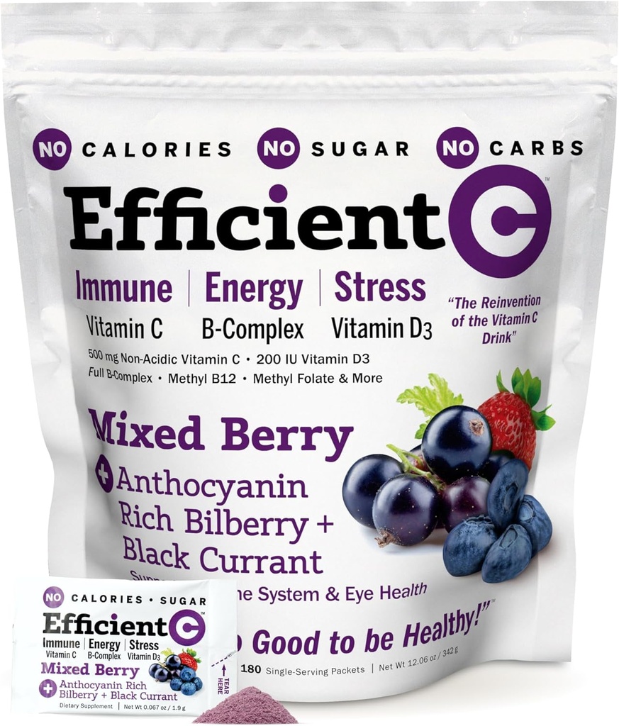 ANDREW LESSMAN Efficient C Mixed Berry 90 Pakiety - Immune, Energy, Stress and Eye Health Support. Odtworzenie napoju witaminy C. Żadnych kalorii. Bez cukru. Nie ma węglowodanów. Łatwo wymieszać.