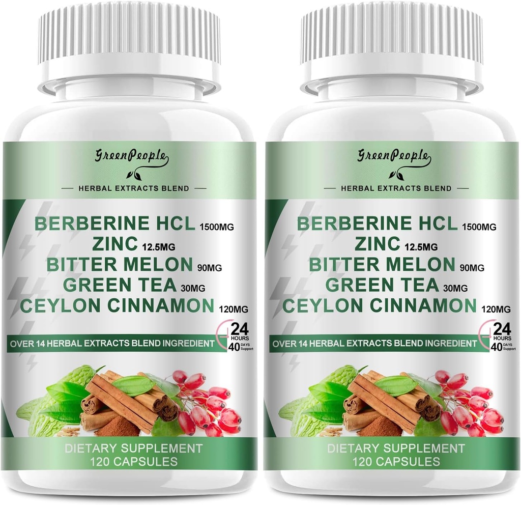 GREENHUS Berberine Supplement with Ceylon Cynamon - 120 Count Berberine 1500mg Berberine HCL Kapsułki z gorzką melon / ekstrakty z karczocha i naturalne zioła do immunologicznego wsparcia 2 Pack