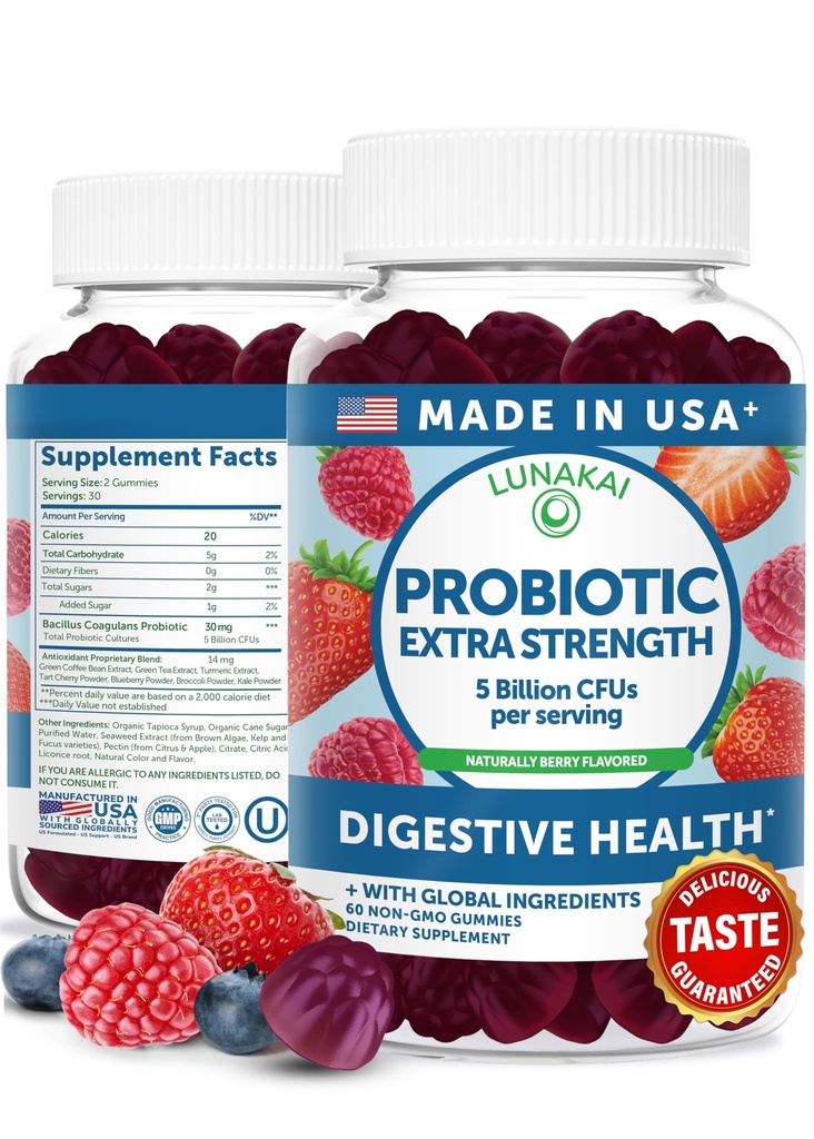 Lunakai USA Made Probiotic Gummies - 5 Milionów CFU, Wegan, Non-GMO, Gluten- Free Gluten- Digestive & Immune Support for Women & Men - 60 Gummies do żucia