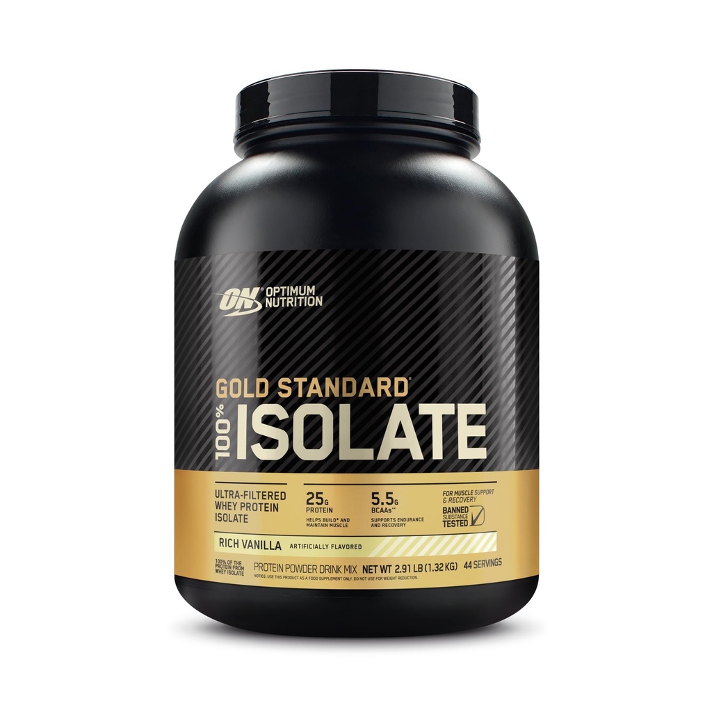 Optimum Nutrition Gold Standard 100% Izolat, Proszek białkowy, Rich Vanilla, 2.91 Funty, 44 Sługi. Izolat białka serwatki (opakowanie w maju)