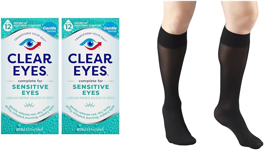 Clear Eyes Sensitive Eye Drops 2 Pack & Truform Sheer Kompresja Pończochy Kobiece Kolano High 20 Denier Black Medium