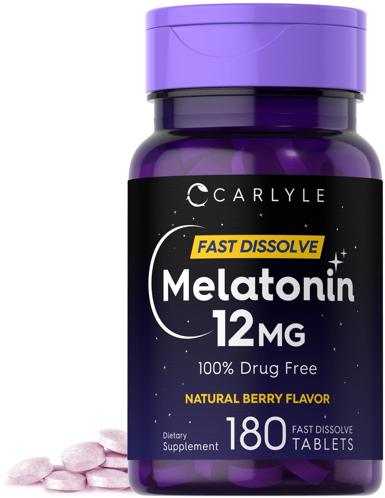 Carlyle Melatonin 12 mg Szybkie rozpuszczenie 180 tabletek 124; Beznarkotykowy 124; Naturalny aromat jagodowy 124; Wegetariański, Non- GMO, Gluten wolny