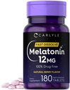 Carlyle Melatonin 12 mg Szybkie rozpuszczenie 180 tabletek 124; Beznarkotykowy 124; Naturalny aromat jagodowy 124; Wegetariański, Non- GMO, Gluten wolny