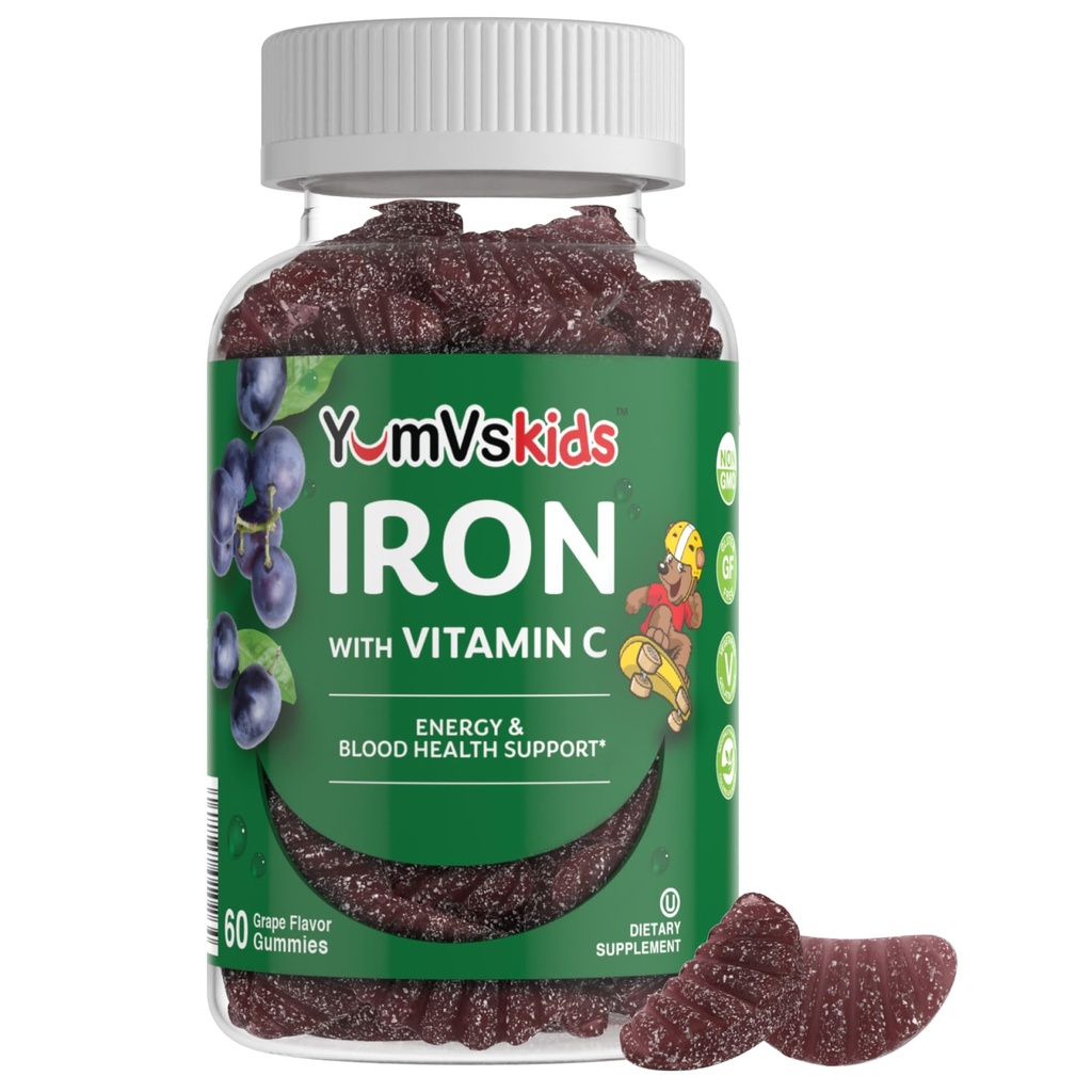 Żelazo suplement dla dzieci - 5 mg Gumiaki dla dzieci z witaminą C - Greate- Degustacja Gumies Grape Flavor - Wspiera immunologiczne zdrowie i pomaga z niedoborem żelaza - Wegan, Kosher, Non-GMO - 60 Hrabia