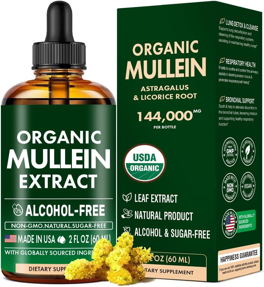 Mullein Drops for Lungs, Mullein Leaf & Licorice Extract Support Lung Cleanse & Healthy Breathing, Organic Mullein Leaf Supplement Herbal, Brak dodatków Mullein Extract Drops 2 fl Oz 60Ml