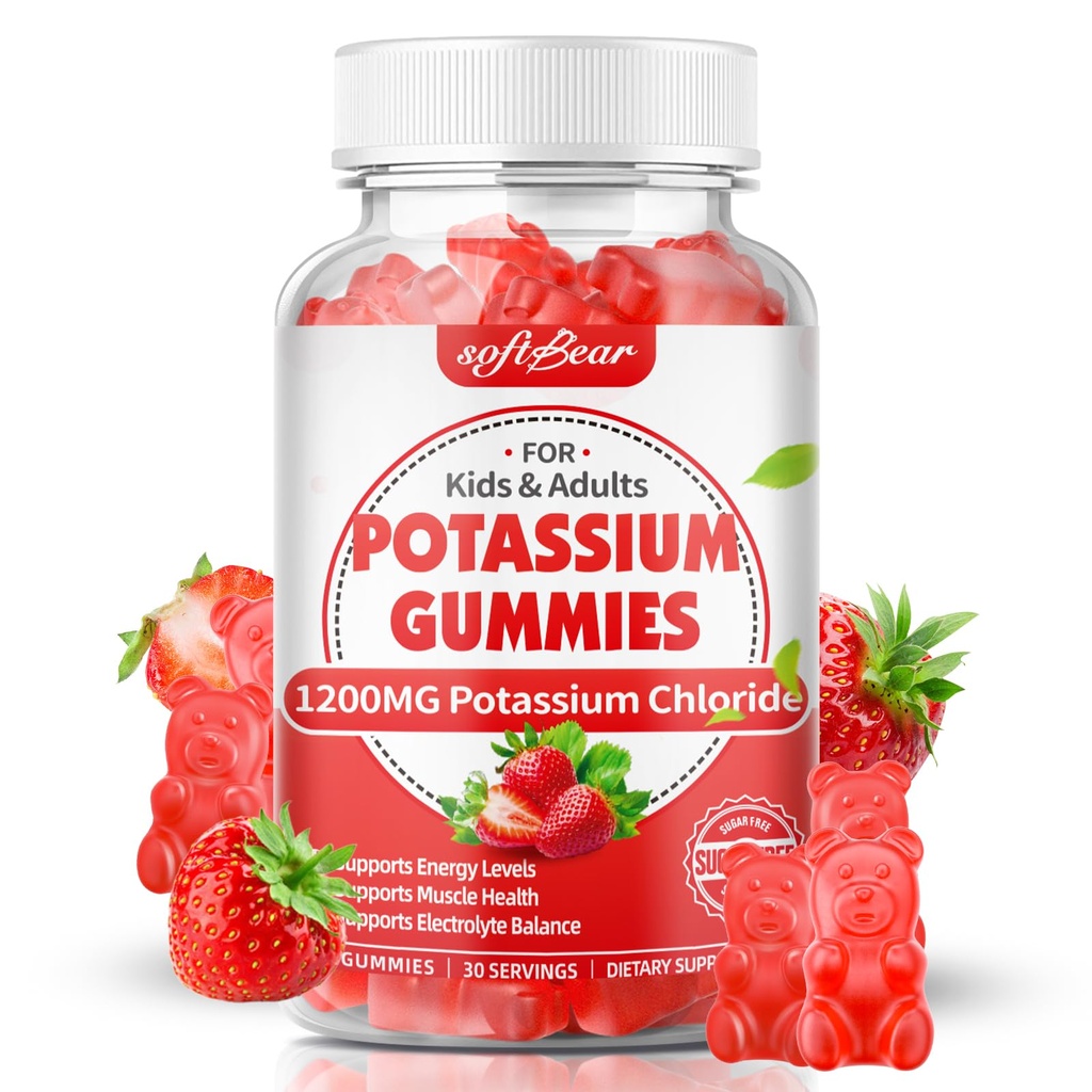 softbear Gummies potasu dla dorosłych, bezcukrowy Gummies chlorku potasu 1200mg Wsparcie kurcze nóg i elektrolity Równowaga wysokiej mocy suplement potasu, Strawberry Flavor 60 Count