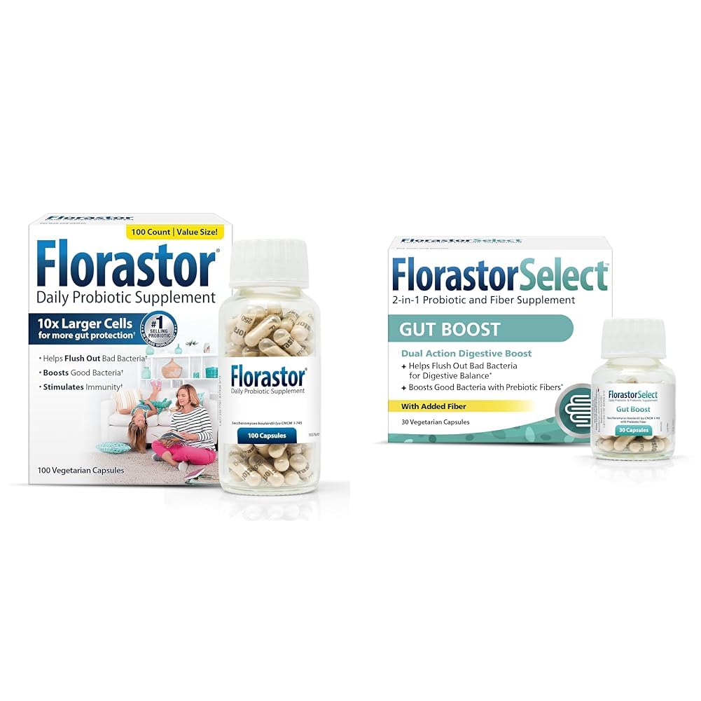 Florastor Probiotic Bundle for Trawienie, Gut Health - 100 ct. Probiotic for Digestive & Immune Health + 30 ct. Gut Boost Daily Probiotic & Prebiotic - Boost Good Bacteria & Flush Out The Bad