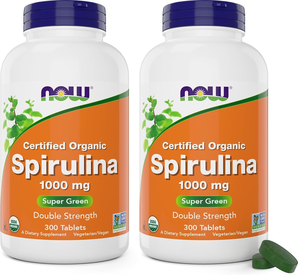NOW Foods Organic Spirulina 1000mg Tablets - 300 Count (Pack of 2) - Non-GMO, Super Green Whole Food Supplement - Double Strength 1000 mg - Natural Occurring Beta- Caroten (VIT A), B- 12 i GLA
