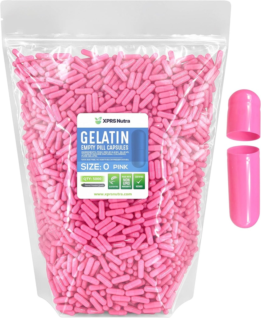 XPRS Nutra Rozmiar 0 Puste kapsułki - 5000 Hrabia Puste kapsułki żelatynowe - Pigułki DIY Kapsułka Wypełnianie - Czysty żel piórowy dla bydła Kapsułki Do- It- Yourself Supplements (Pink)