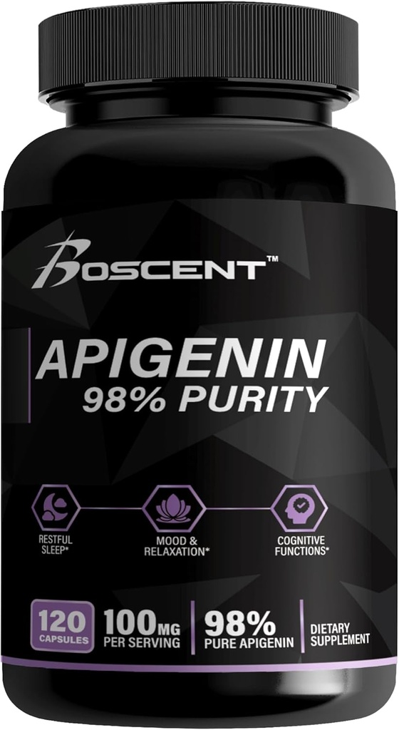 Apigenin Suplement 100mg z ekstraktu rumianku 120 Count - 98% puryty- Apigenin Suplement do snu, nastrojów, Cognition, Prostate Health - Doskonała pomoc w spaniu, Non-GMO, No Fillers - 4- Month Supply