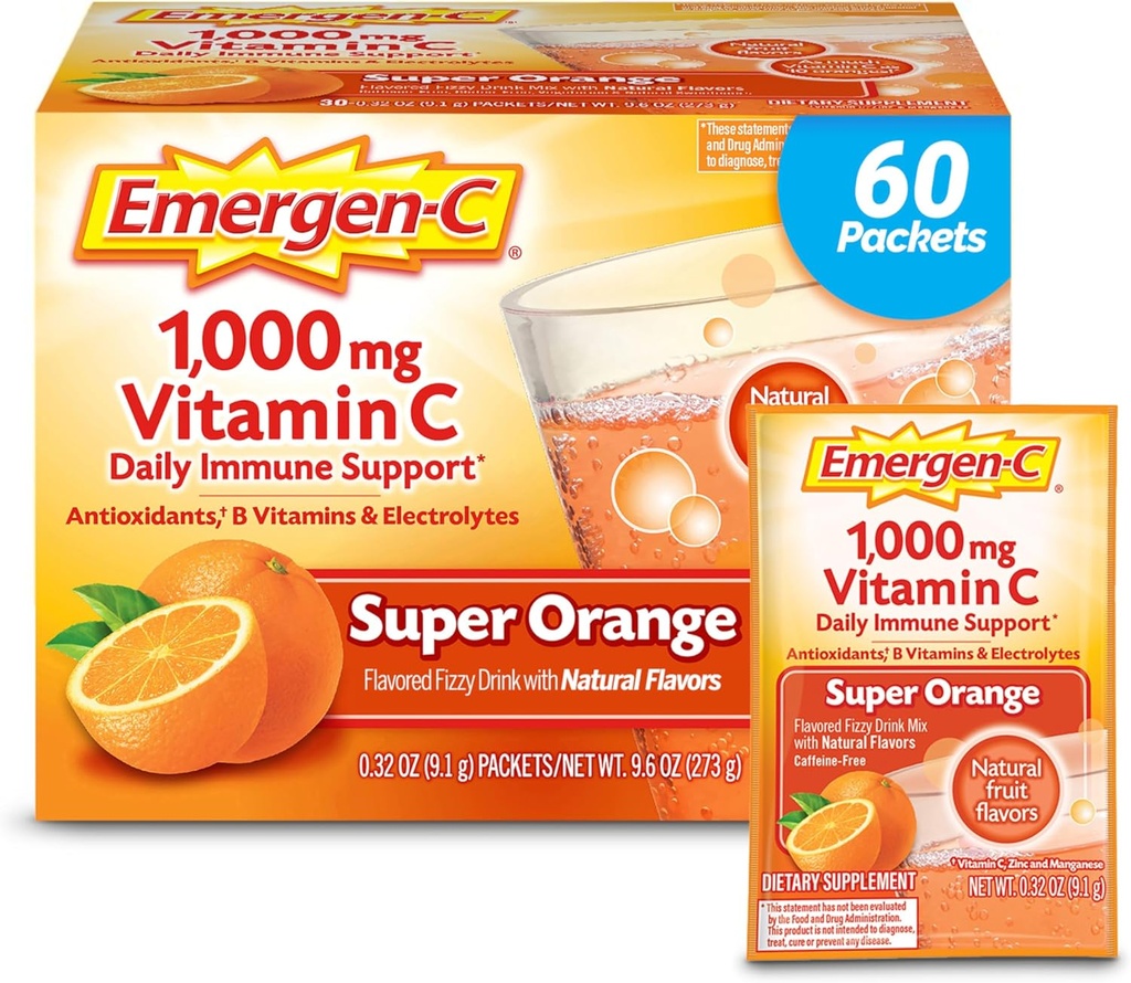 Emergen- C 1000mg Witamina C Proszek do codziennego immunologicznego wsparcia Kofeina Bezpłatne suplementy witaminy C z cynku i manganu, B Witaminy i elektrolity, Super Pomarańczowy Flavor - 60 Count / 2 Dostawa miesiąc