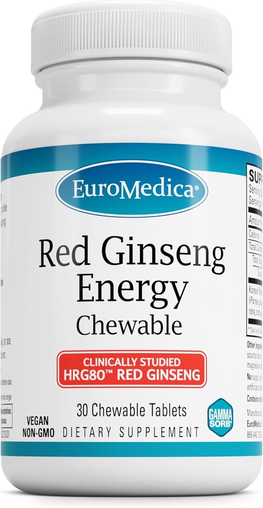EuroMedica Red Ginseng Energy - Suplement do wsparcia zdrowej energii i skupienia - Suplement ziołowy z koreańskiego Red Ginseng Root Powder - Wegańskie tabletki do pomocy Zdrowa Endurancja - 30 Tabletki do żucia