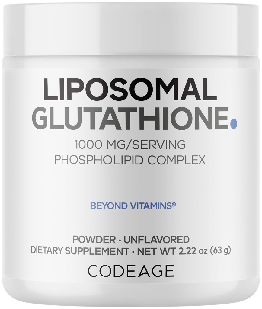 Codeage Liposomal Glutatione Proszek - 1000 mg Wegan Zmniejszone L- Glutation na Serving, Liposomal Dostawa - 2- Miesiąc Dostawy - Nieflawored - Fosfolipid - Non-GMO Gluten- Free - 2.22 Oz