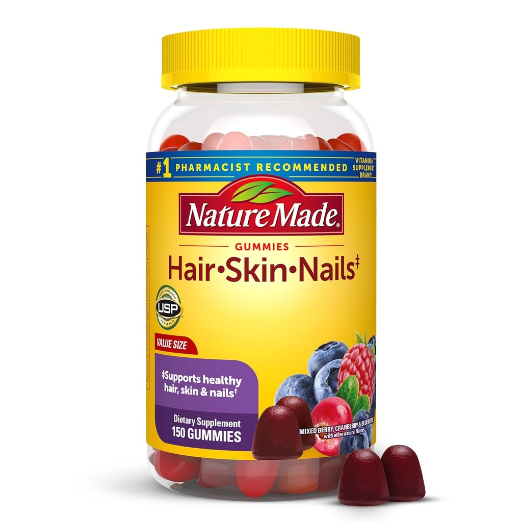 Nature Made Włosy Skóra i paznokcie z Biotin 2500 mcg, Suplement diety do zdrowych włosów, skóry i paznokci Wsparcie, 150 Gumiaki, 75 Day Supply
