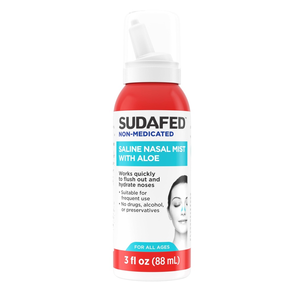 Sudafed Non-Medicated Saline Nasal Mist z Aloe, Sinus Saline Nose Spray dla wszystkich wieków szybko Flushs & nawilża przejścia do nosa, Użyj Nasal Mist często jako potrzebne, Drug-Free, 3 fl. oz