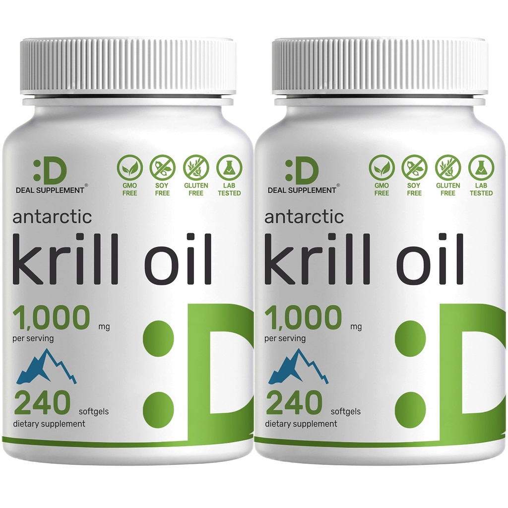 DEAL SUPPLEMENT 2 Pack Antarctic Krill Oil, 1000 mg Per Serving, 480 Softgels - Mercury Free, No Fishy Taste - Rich in Omega- 3 s, EPA, DHA, Astaksantyna, & Phosholipids - Non-GMO, No gluten