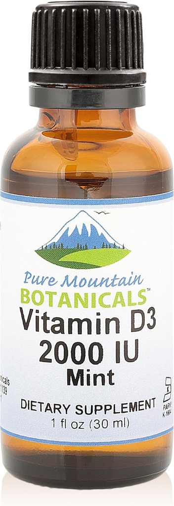 Pure Mountain Botanicals Flavored Witamina D Krople - Miętowa Płynna Witamina D3- 2000iu per Serving - 1oz Butelka