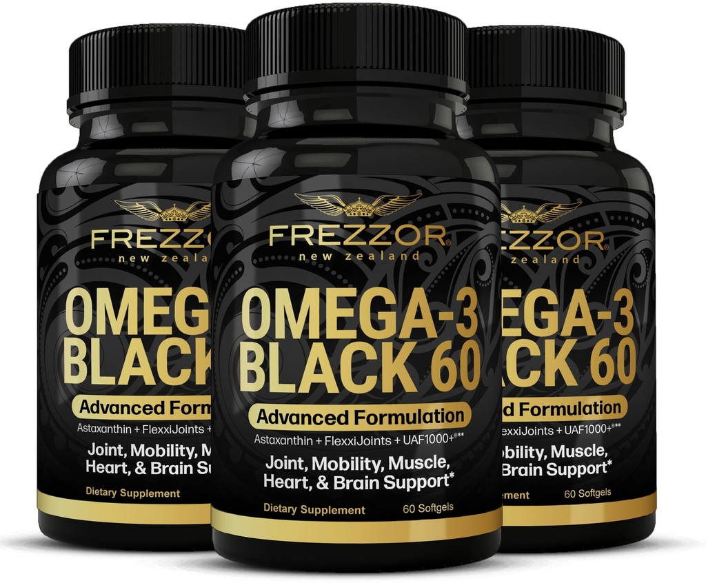FREZZOR Omega 3 Black for Joint Care & Comfort - New Zealand Green Lipped Mussel Oil Kapsułki; 53x Wyższa moc z UAF1000 + Super Antioksydant, No Fishy Aftersmast, 60 Count (Pack of 3)