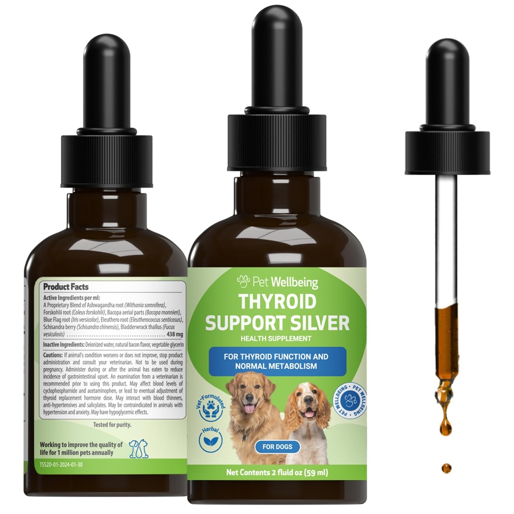 Pet Wellbeing Thyroid Support Silver for Dogs - Wspiera zrównoważone funkcje tarczycy, Zdrowe Metabolizm, Normalna energia, Ashwagandha, Bacopa - Veterinarianyanyanyan Herbal Supplement 2 oz (59 ml)