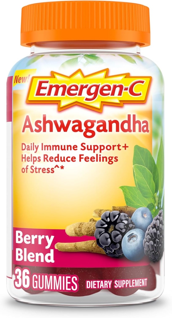 Emergen- C Witamina C i Gummies Ashwagandha, Suplement diety dla wsparcia immunologicznego, Mieszanka Berry, Powrót do Szkół Essentials - 36 Count