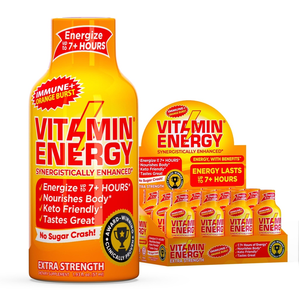 Witamina Energia Immune + Dodatkowa Siła Energia Pomarańczowy Burst 12 Pack, 260mg Naturalna kofeina, B- Witaminy, Citicoline, Zielona herbata, Immunitet i Focus Support, Zero cukru, Gluten- Free 1.93 fl oz