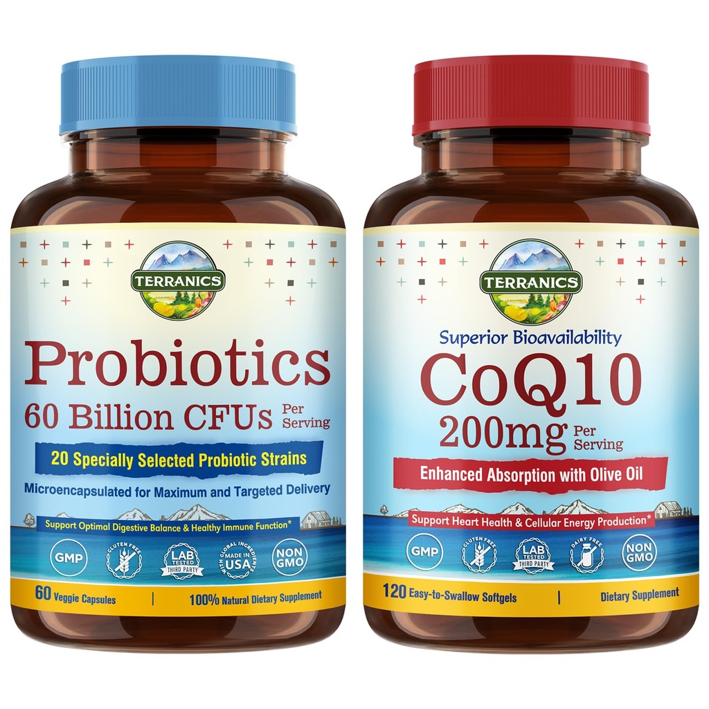 Terranics Probiotics & CoQ10 Bundle, Heart & Trawienie Health, 60 Miliard Probiotyki, Bioactive Coenzym Q10 200mg, Extra Virgin Olive Oil, Bundle & Save