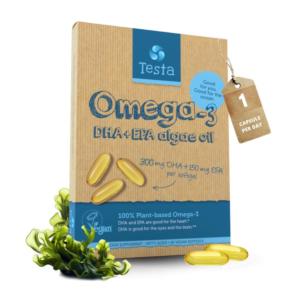 Testa Omega-3 Suplement - Wegan Based Omega 3 DHA EPA Kapsułki z Algae - Omega 3 Kwasy tłuszczowe - Wspiera serce, Mózg & Joint Health - Plastic Negative, RTG i Kosher - Dwa miesiące dostaw
