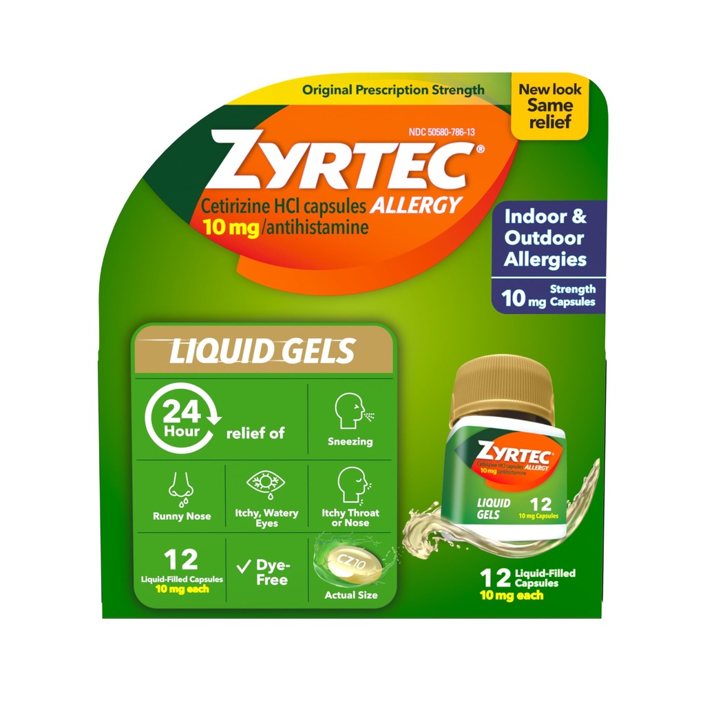 Zyrtec 24 Hour Allergy Relief Liquid żele, Antyhistaminowe kapsułki z Cetirizine HCl Alergy Medicine for All- Day Relief from Runny Nose, Sneezing, Itchy Eyes & More, 12 Count