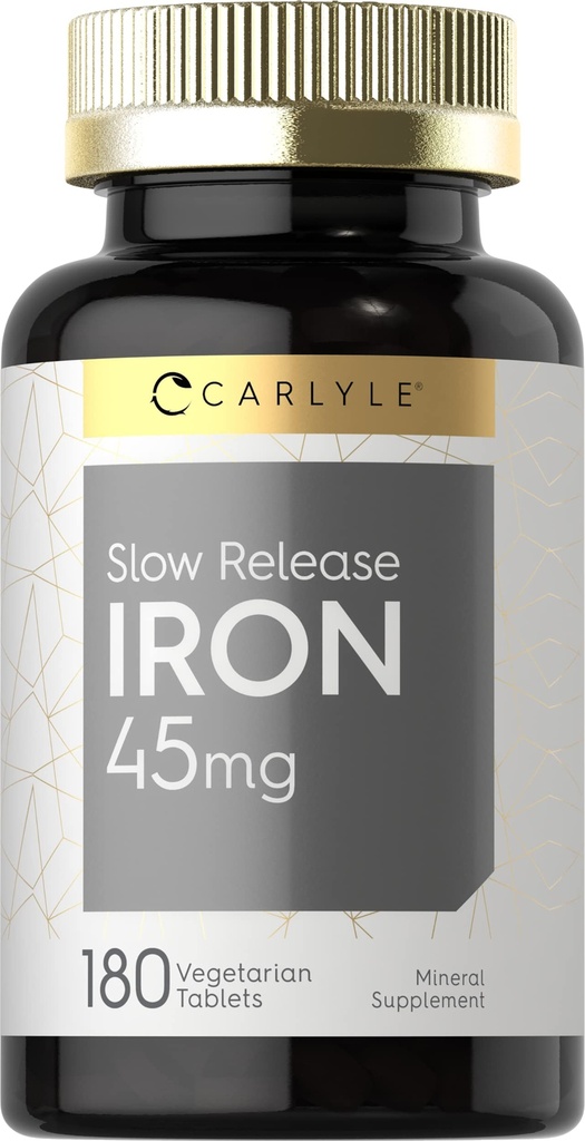 Carlyle Slow Release Iron 45 mg | 180 Tablets | Ferrous Sulfate Mineral Supplement | for Men & Women | Vegetarian, Non-GMO, and Gluten Free Formula