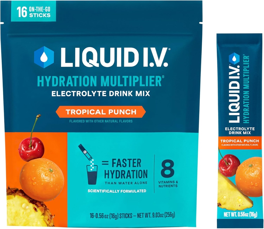 Płyn I.V. ® Nawodnienie Multiplier ® - Tropikalny Punch - Proszek do nawadniania Pakiety do nawadniania 124; Proszek do nasączania elektrolitów Mieszanka do nasączania 124; Wygodne Pojedyncze Poduszki do Podłączania 124; NieGMO 124; 16 Podawanie (Opakowanie 12)
