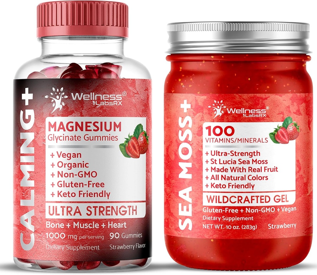 WELLNESS LABSRX Irish Sea Moss Gel Strawberry Flavor - Magnezu Glicynian Gumiaki 1000mg